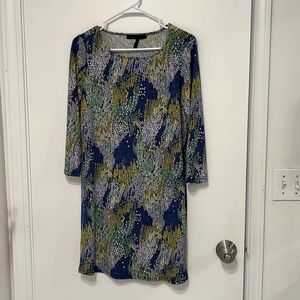 BCBG MAXAZRIA DRESS-SMALL- Blue, green, white and yellow print. Polyester.
